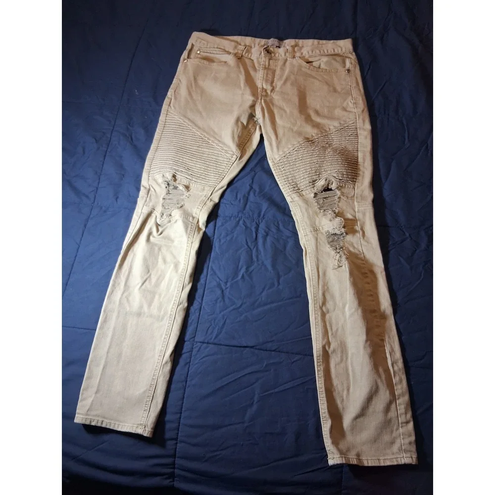 Bullhead Denim Co Mens 32 Stacked Skinny Moto‎ Distressed Tan Khaki Jeans Pants